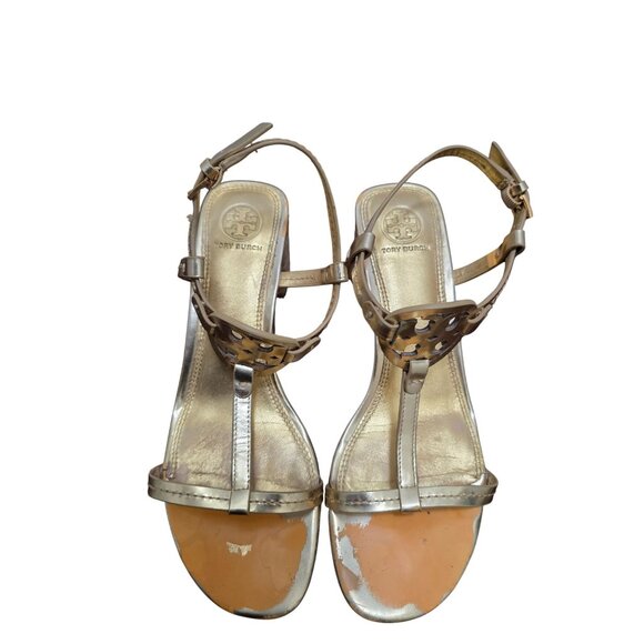 Tory Burch Gold Metallic Espadrille Block Pump Sandals W/ Logo Accent Size 8 - Picture 1 of 11